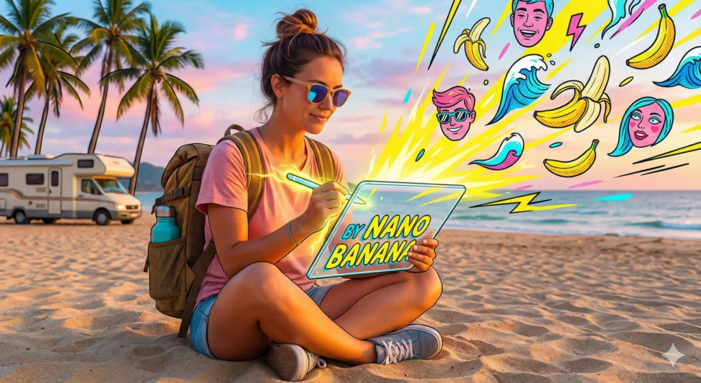 해변에서 나노바나나로 실시간 그림을 그리는 디지털 노마드