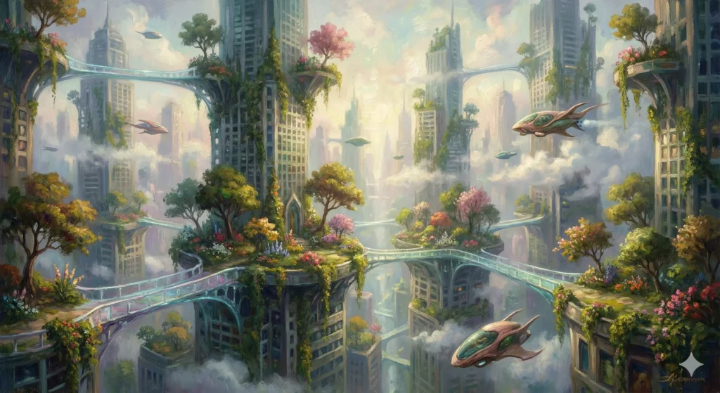 미드저니로 생성한 몽환적인 2026년 미래 도시 풍경