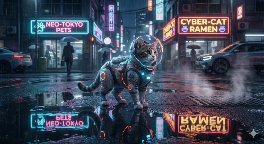 미드저니로 생성한 사이버펑크 스타일의 우주복 입은 고양이