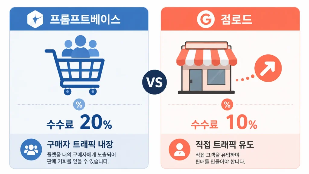 프롬프트베이스(수수료 20%, 자체 트래픽 보유)와 검로드(수수료 10%, 트래픽 직접 유입)를 비교한 인포그래픽