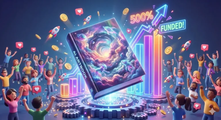 AI 아트북 크라우드 펀딩 대박 성공을 시각화한 일러스트