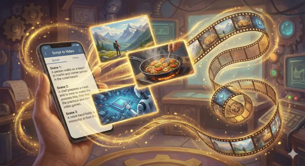 텍스트 대본이 자동으로 영상으로 변환되는 과정 시각화