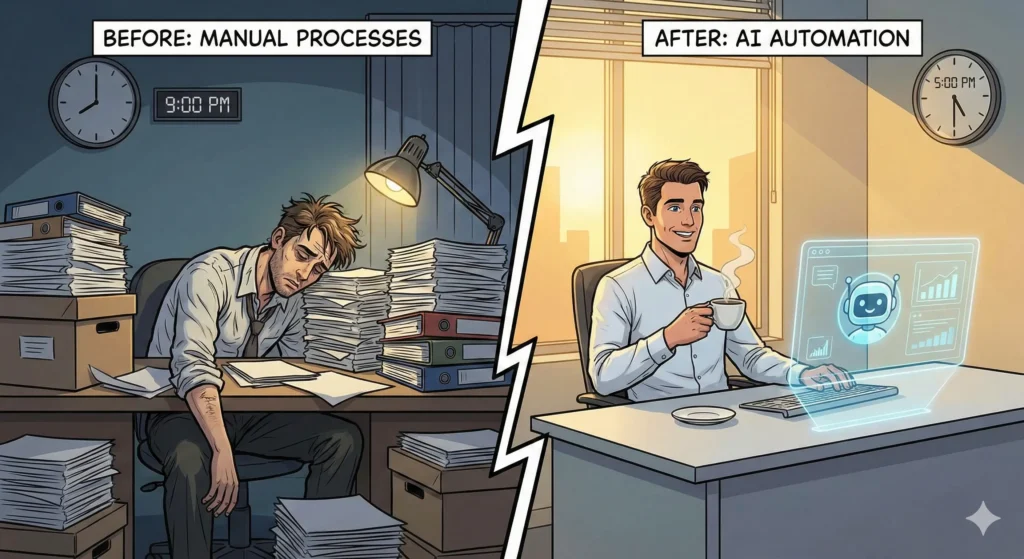 야근하는 직장인과 AI 덕분에 정시 퇴근하는 직장인의 비교 일러스트