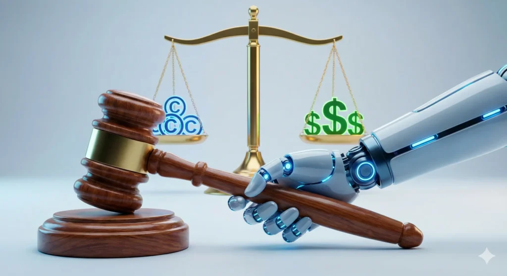 AI 그림 저작권과 수익 창출의 균형을 상징하는 일러스트