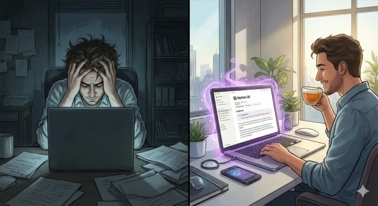 글쓰기 고민에 빠진 블로거와 노션 AI로 여유를 찾은 블로거의 비교