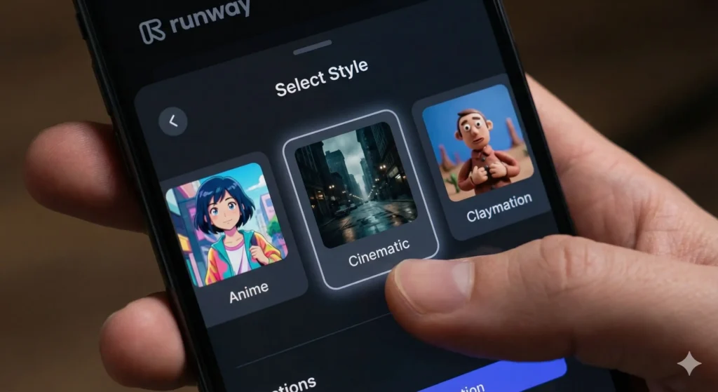 런웨이 Gen-4에서 다양한 영상 스타일을 선택하는 화면