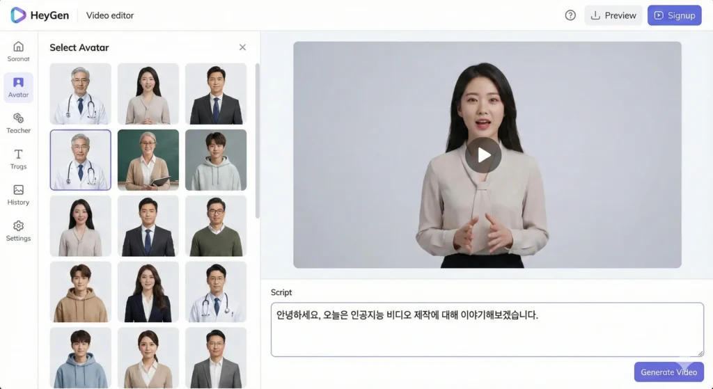 헤이젠 영상 편집기에서 아바타와 목소리를 설정하는 화면