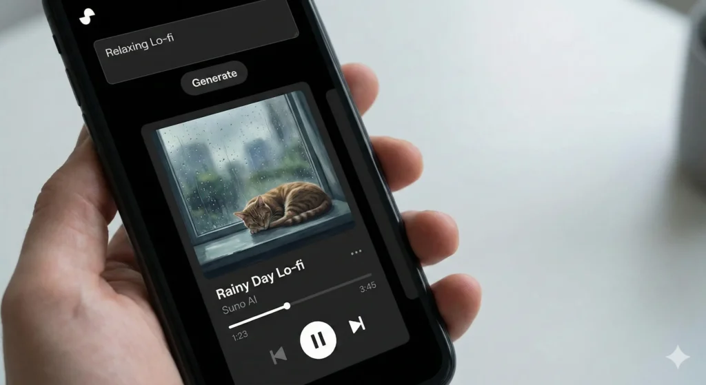 수노 앱으로 감성적인 로파이 음악을 생성하는 모습