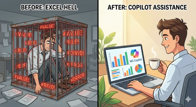 엑셀 오류로 고통받는 직장인과 코파일럿으로 여유로운 직장인 비교