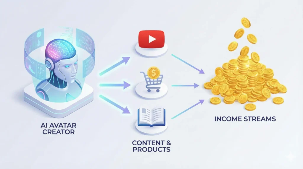 AI 아바타 채널의 3가지 핵심 수익화 모델 인포그래픽