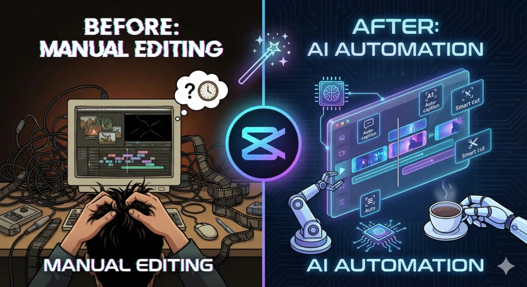 캡컷 AI로 복잡한 타임라인이 깔끔하게 정리된 모습 비교