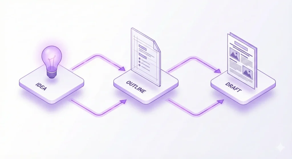 노션 AI를 활용한 아이디어 발상부터 초안 작성까지의 3단계 흐름도