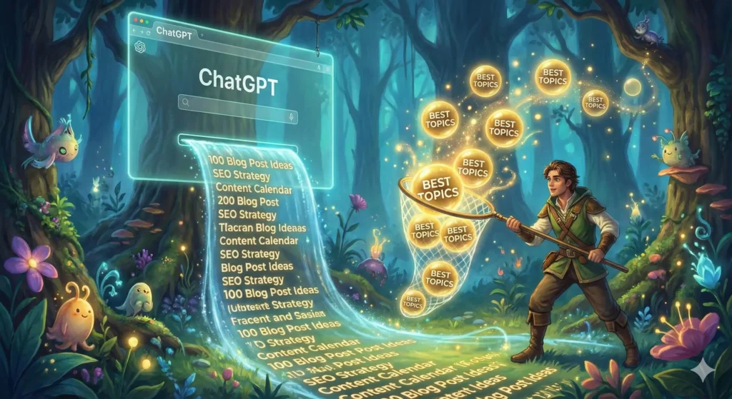 AI가 생성한 수많은 주제 중에서 좋은 글감을 건져 올리는 모습