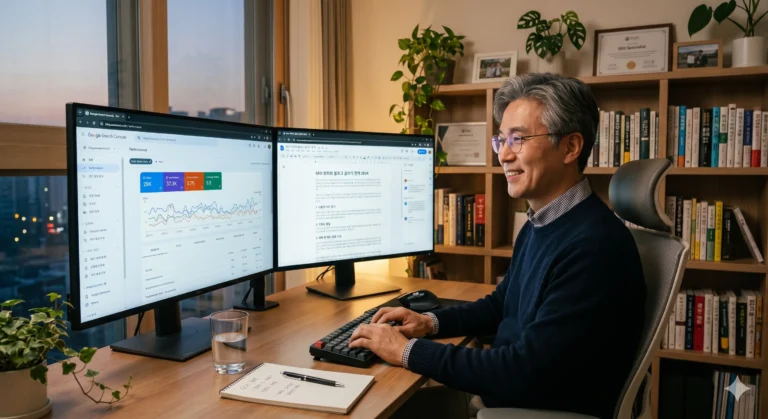 구글 서치 콘솔 데이터를 분석하며 블로그 포스팅을 리라이팅하는 1인 블로거의 홈오피스 작업 장면