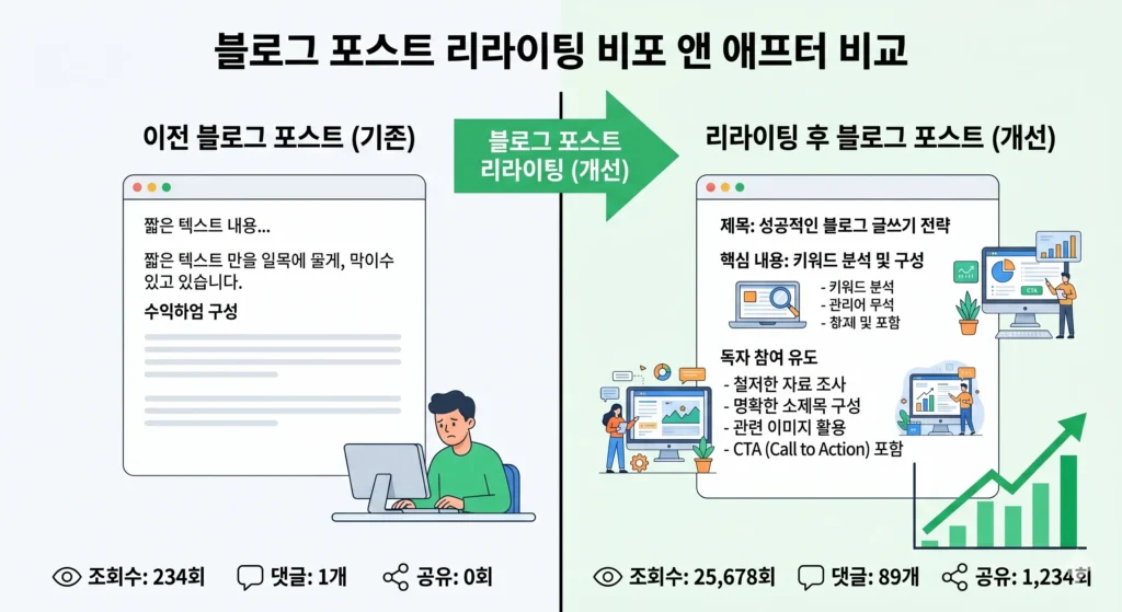 블로그 포스팅 리라이팅 전후 비교 —
콘텐츠 보강 후 트래픽이 상승하는
before & after 인포그래픽