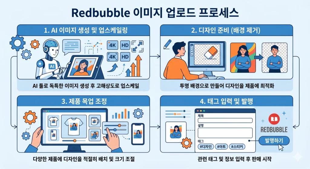 레드버블 AI 디자인 등록 4단계 프로세스 — 업스케일링부터 태그 설정까지 실전 업로드 순서