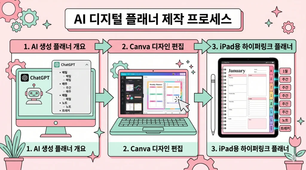 AI 디지털 플래너 제작 3단계 워크플로우 — 챗GPT 기획, 캔바 디자인, 아이패드 하이퍼링크 완성 과정