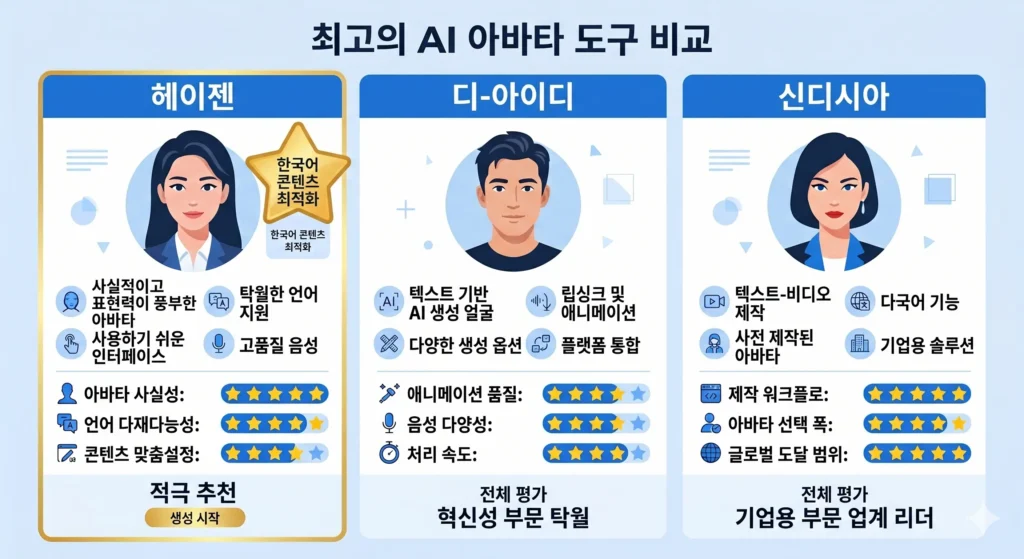 헤이젠(HeyGen), D-ID, Synthesia 3가지 
AI 아바타 툴 비교 — 한국어 콘텐츠 최적 툴 선정