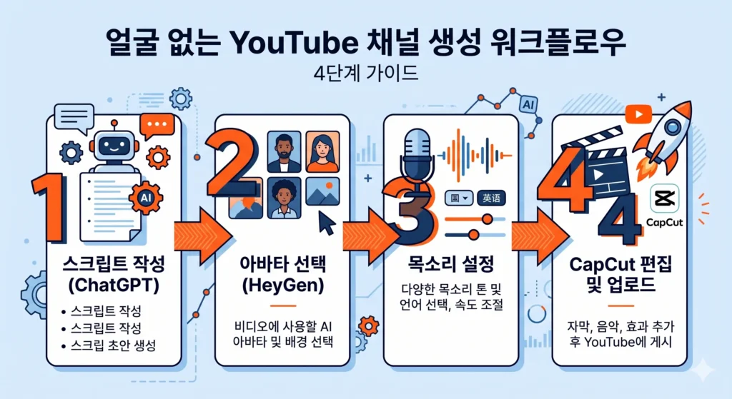 얼굴 없는 유튜버 영상 제작 4단계 워크플로우 —  대본 작성부터 헤이젠 아바타 영상 업로드까지