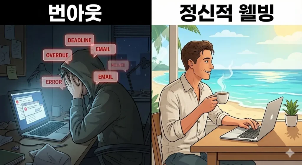 번아웃에 빠진 프리랜서와 건강한 워라밸을 지키는 디지털 노마드의 모습