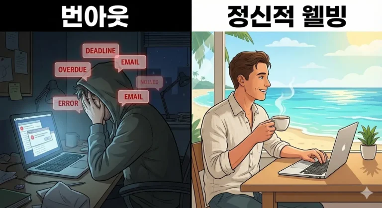 번아웃에 빠진 프리랜서와 건강한 워라밸을 지키는 디지털 노마드의 모습