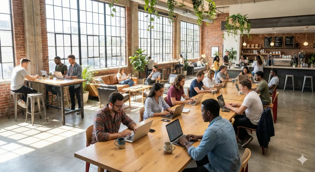 글로벌 노마드들이 모여 일하는 활기찬 코워킹 스페이스 풍경