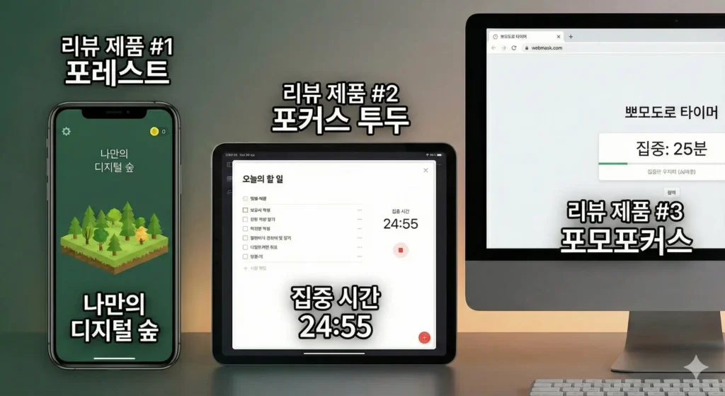 유형별 추천 포모도로 타이머 어플 3가지 화면 예시