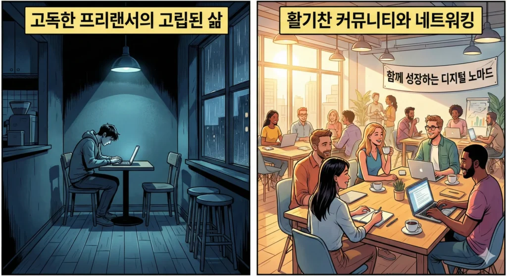 외로운 재택근무와 활기찬 코워킹 스페이스 네트워킹의 대비