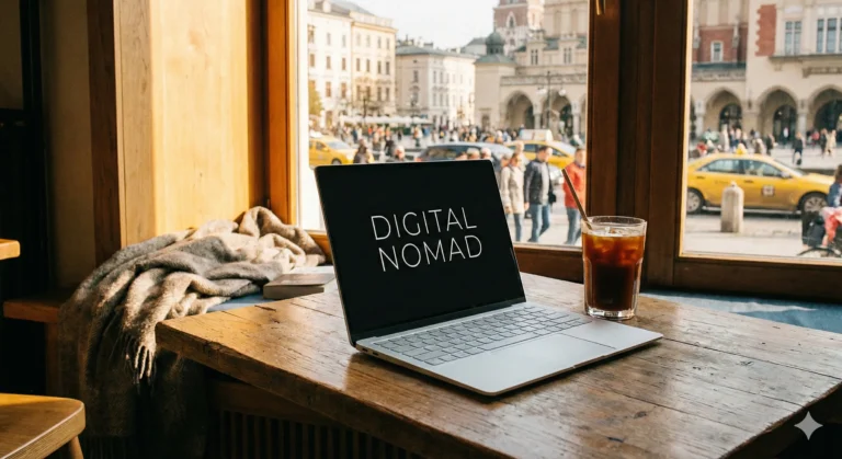 카페에서 일하는 디지털 노마드의 가벼운 노트북