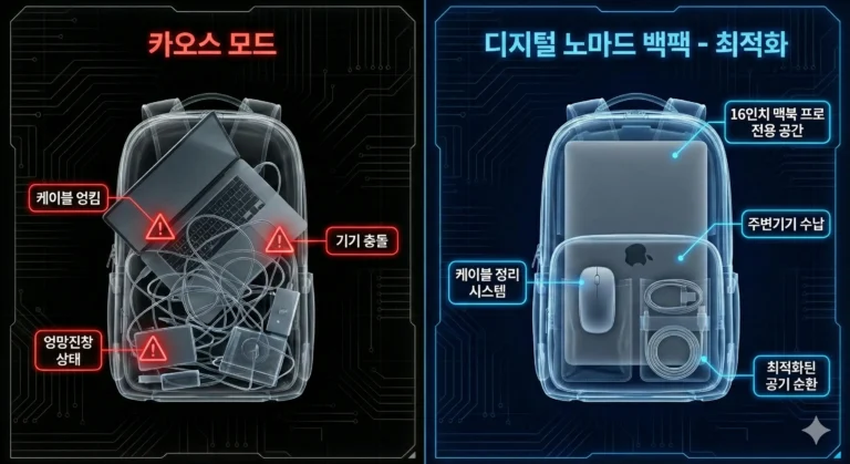 체계적인 수납이 가능한 디지털 노마드 백팩의 내부 구조 비교