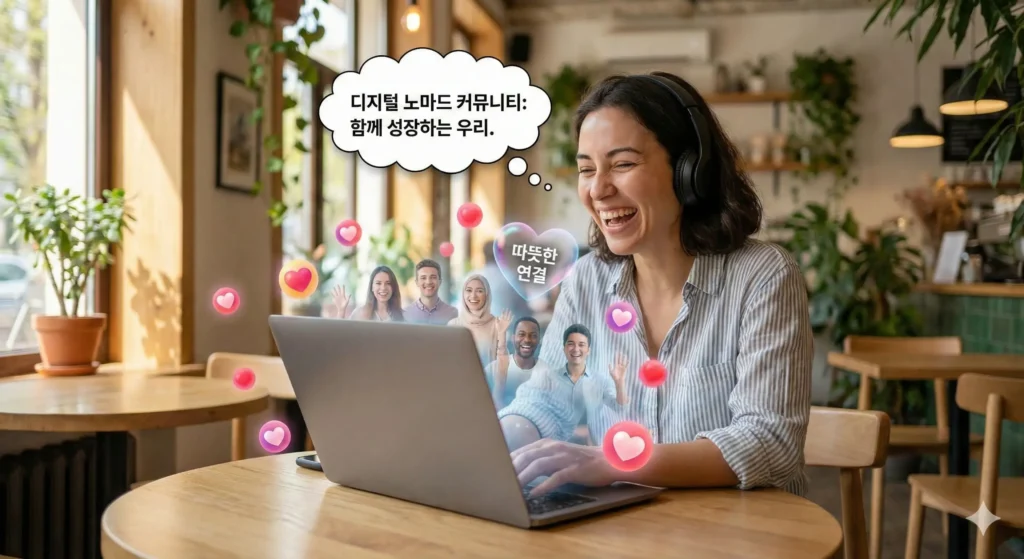 온라인 커뮤니티를 통해 전 세계 동료들과 소통하며 고립감을 극복하는 모습