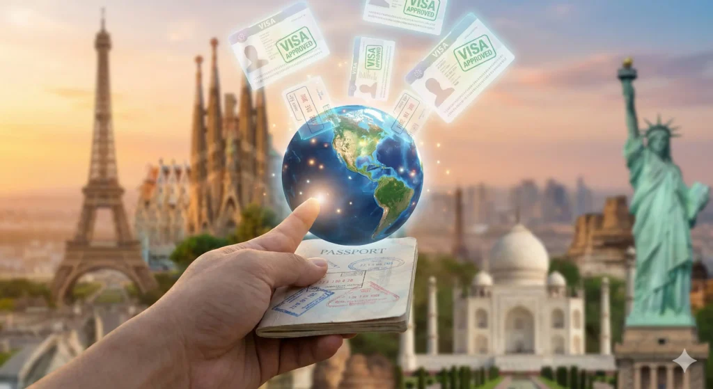 전 세계 디지털 노마드 비자 발급과 자유로운 이동을 상징하는 이미지