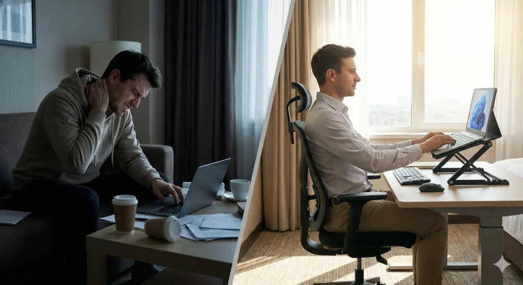 휴대용 모니터와 거치대 사용 전후의 업무 환경 비교