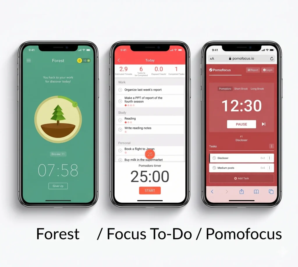 포모도로 타이머 어플 3종 비교 화면 — 
Forest, Focus To-Do, Pomofocus.io 앱 화면 예시
