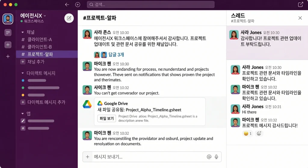 슬랙 워크스페이스 화면 — 클라이언트별 채널과 스레드 기능으로 업무를 체계적으로 정리하는 예시