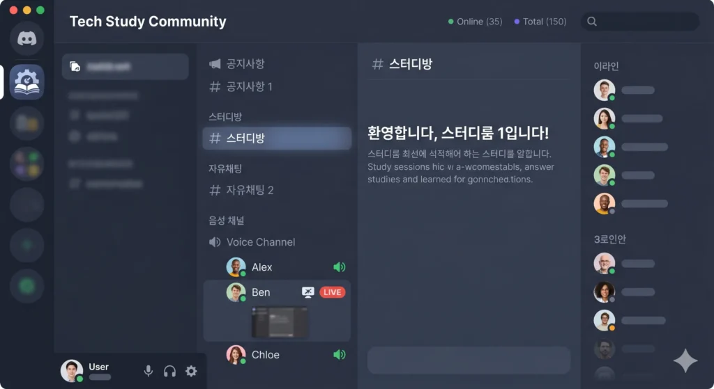 디스코드 서버 화면 — 음성 채널 동시 접속과 화면 공유 기능으로 원격 협업하는 커뮤니티 예시