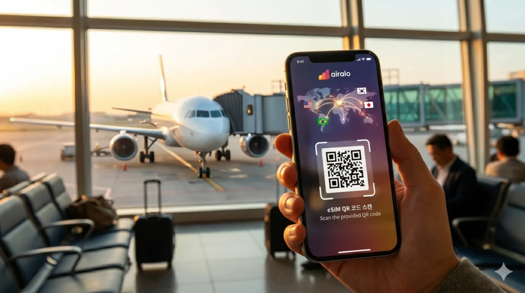 Airalo 앱으로 eSIM을 설치하는 화면 — 
공항 도착 즉시 인터넷 연결되는 디지털 노마드의 eSIM 활용 예시