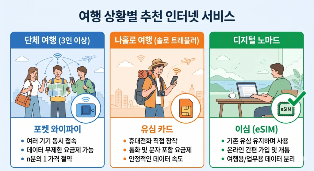 여행 유형별 해외 인터넷 추천 인포그래픽 — 단체 여행은 포켓와이파이, 장기 체류는 유심, 디지털 노마드는 eSIM
